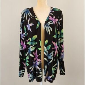 DRAPER'S & DAMON'S Large Petite Tropical Floral Slinky Travel Knit Open Cardigan